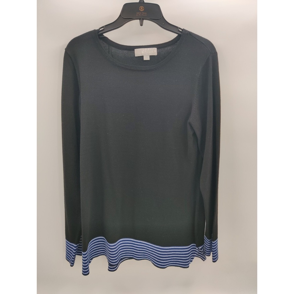 Carolyn Taylor Womens Large Black Knit Top Blue Striped Wavy Hem Long Sleeve